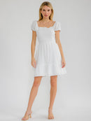 WOMEN'S SHORT SLEEVE SQUARE NECK FRONT POCKETS SMOCK MINI DRESS