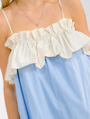 WOMEN'S SLEEVELESS RUFFLE BACK TIE COLORBLOCK MINI DRESS