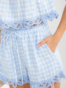 WOMEN'S SLEEVELESS TANK TOP & ELASTIC WAIST SHORTS PLAID CROCHET TRIM 2PC. SET