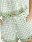 WOMEN'S SLEEVELESS TANK TOP & ELASTIC WAIST SHORTS PLAID CROCHET TRIM 2PC. SET