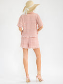 WOMEN'S SHORT SLEEVE BLOUSE & ELASTIC WAIST SHORTS RUCHED DETAILED 2PC. SET