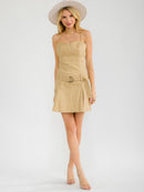 WOMEN'S SLEEVELESS FRONT POCKETS BELTED STRETCH DENIM MINI DRESS