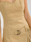 WOMEN'S SLEEVELESS FRONT POCKETS BELTED STRETCH DENIM MINI DRESS