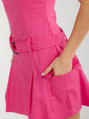 WOMEN'S SLEEVELESS FRONT POCKETS BELTED STRETCH DENIM MINI DRESS
