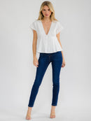 WOMEN'S SHORT SLEEVE V-NECK BUTTON UP LACE PEPLUM TOP