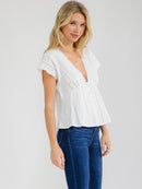 WOMEN'S SHORT SLEEVE V-NECK BUTTON UP LACE PEPLUM TOP