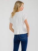 WOMEN'S SHORT SLEEVE V-NECK BUTTON UP LACE PEPLUM TOP