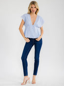 WOMEN'S SHORT SLEEVE V-NECK BUTTON UP LACE PEPLUM TOP
