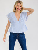 WOMEN'S SHORT SLEEVE V-NECK BUTTON UP LACE PEPLUM TOP