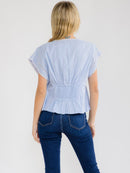 WOMEN'S SHORT SLEEVE V-NECK BUTTON UP LACE PEPLUM TOP