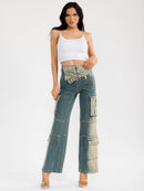 WOMEN'S ZIPPER CLOSURE CARGO POCKET STRAIGHT LEG STRETCH WASHED DENIM PANTS
