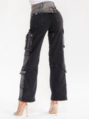 WOMEN'S ZIPPER CLOSURE CARGO POCKET STRAIGHT LEG STRETCH WASHED DENIM PANTS