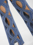 WOMEN'S BUTTON CLOSURE POCKET WIDE LEG RHINESTONES STRETCH DENIM PANTS
