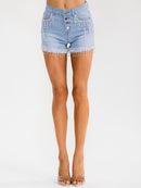 WOMEN'S BUTTON CLOSURE POCKET RHINESTONES STRETCH DENIM SHORTS