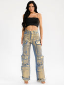 WOMEN'S BUTTON CLOSURE CARGO POCKET WIDE LEG STRETCH DENIM METALLIC PANTS