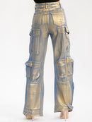 WOMEN'S BUTTON CLOSURE CARGO POCKET WIDE LEG STRETCH DENIM METALLIC PANTS