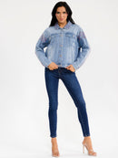 WOMEN'S LONG SLEEVE BUTTON CLOSURE RHINESTONE WASHED DENIM JACKET