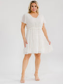 PLUS SIZE SHORT SLEEVE V-NECK ELASTIC WAIST SWISS DOTS MINI DRESS