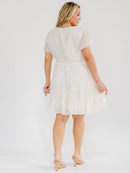 PLUS SIZE SHORT SLEEVE V-NECK ELASTIC WAIST SWISS DOTS MINI DRESS