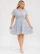 PLUS SIZE SHORT SLEEVE V-NECK ELASTIC WAIST SWISS DOTS MINI DRESS