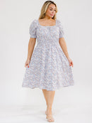 PLUS SIZE SHORT SLEEVE SQUARE NECK FRONT POCKETS FLORAL MIDI DRESS