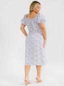 PLUS SIZE SHORT SLEEVE SQUARE NECK FRONT POCKETS FLORAL MIDI DRESS
