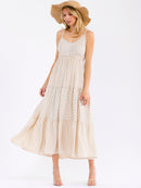 WOMEN'S SLEEVELESS V-NECK SMOCK TIERED POLKA DOTS & STRIPES MAXI DRESS