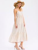 WOMEN'S SLEEVELESS V-NECK SMOCK TIERED POLKA DOTS & STRIPES MAXI DRESS