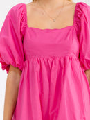 WOMEN'S SHORT PUFF SLEEVE SQUARE NECK SMOCK MINI DRESS