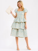 WOMEN'S SHORT PUFF SLEEVE SQUARE NECK RUFFLE TIERED FLORAL MIDI DRESS