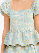 WOMEN'S SHORT PUFF SLEEVE SQUARE NECK RUFFLE TIERED FLORAL MIDI DRESS