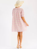 WOMEN'S SHORT SLEEVE BUTTON UP FRONT POCKETS FLORAL EYELET MINI DRESS