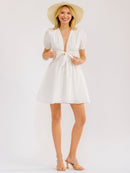 WOMEN'S SHORT SLEEVE V-NECK SMOCK WAIST FIT & FLARE MINI DRESS