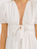 WOMEN'S SHORT SLEEVE V-NECK SMOCK WAIST FIT & FLARE MINI DRESS