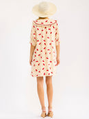WOMEN'S SHORT SLEEVE BUTTON UP FRONT POCKETS CHERRY PRINT MINI DRESS