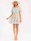 WOMEN'S SHORT SLEEVE BUTTON UP SELF TIE STITCH DETAILED MINI DRESS