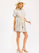 WOMEN'S SHORT SLEEVE BUTTON UP SELF TIE STITCH DETAILED MINI DRESS