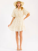 WOMEN'S SHORT PUFF SLEEVE BUTTON UP ELASTIC WAIST FLORAL MINI DRESS