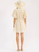 WOMEN'S SHORT PUFF SLEEVE BUTTON UP ELASTIC WAIST FLORAL MINI DRESS