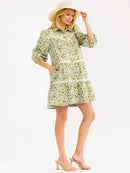WOMEN'S 3/4 SLEEVE BUTTON UP FRONT POCKETS EMBROIDERY FLORAL MINI DRESS