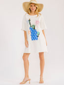 WOMEN'S SHORT SLEEVE FRONT POCKETS LOOSE FIT GRAPHIC MINI DRESS