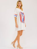WOMEN'S SHORT SLEEVE FRONT POCKETS LOOSE FIT GRAPHIC SEQUINS MINI DRESS