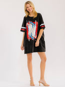WOMEN'S SHORT SLEEVE FRONT POCKETS LOOSE FIT GRAPHIC WASHED MINI DRESS
