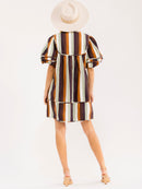 WOMEN'S SHORT PUFF SLEEVE V-NECK FRONT POCKETS COLORBLOCK STRIPES DENIM MINI DRESS