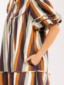 WOMEN'S SHORT PUFF SLEEVE V-NECK FRONT POCKETS COLORBLOCK STRIPES DENIM MINI DRESS