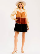 WOMEN'S LONG SLEEVE V-NECK FRONT POCKETS COLORBLOCK TIERED MINI DRESS