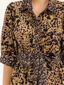 WOMEN'S SHORT PUFF SLEEVE BUTTON UP FRONT POCKETS SELF TIE ANIMAL PRINT MINI DRESS