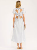 WOMEN'S SHORT PUFF SLEEVE SQUARE NECK FIT & FLARE OPEN BACK MAXI DRESS