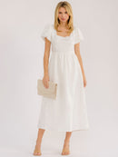 WOMEN'S SHORT PUFF SLEEVE SQUARE NECK FIT & FLARE OPEN BACK MAXI DRESS