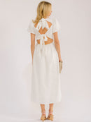 WOMEN'S SHORT PUFF SLEEVE SQUARE NECK FIT & FLARE OPEN BACK MAXI DRESS